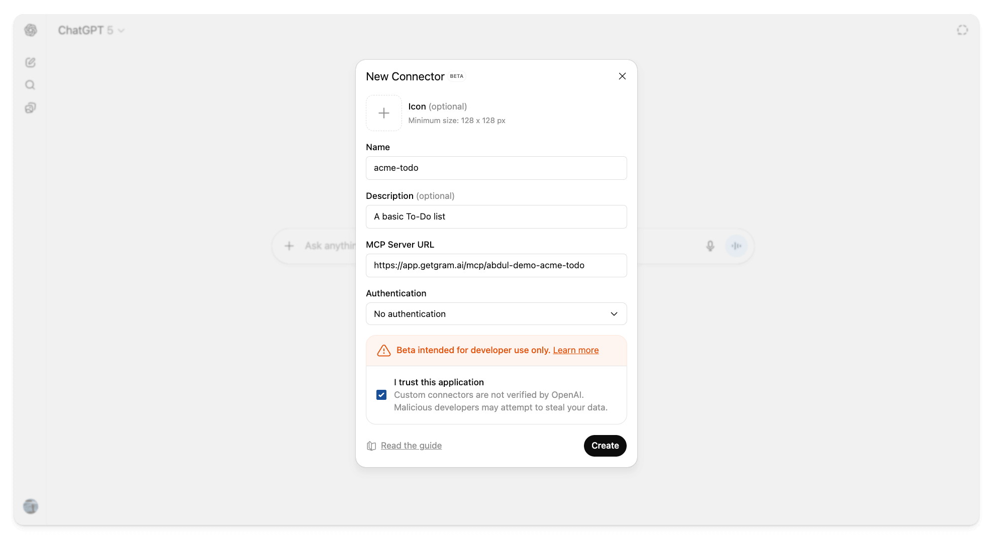Add Remote MCP server connector dialog