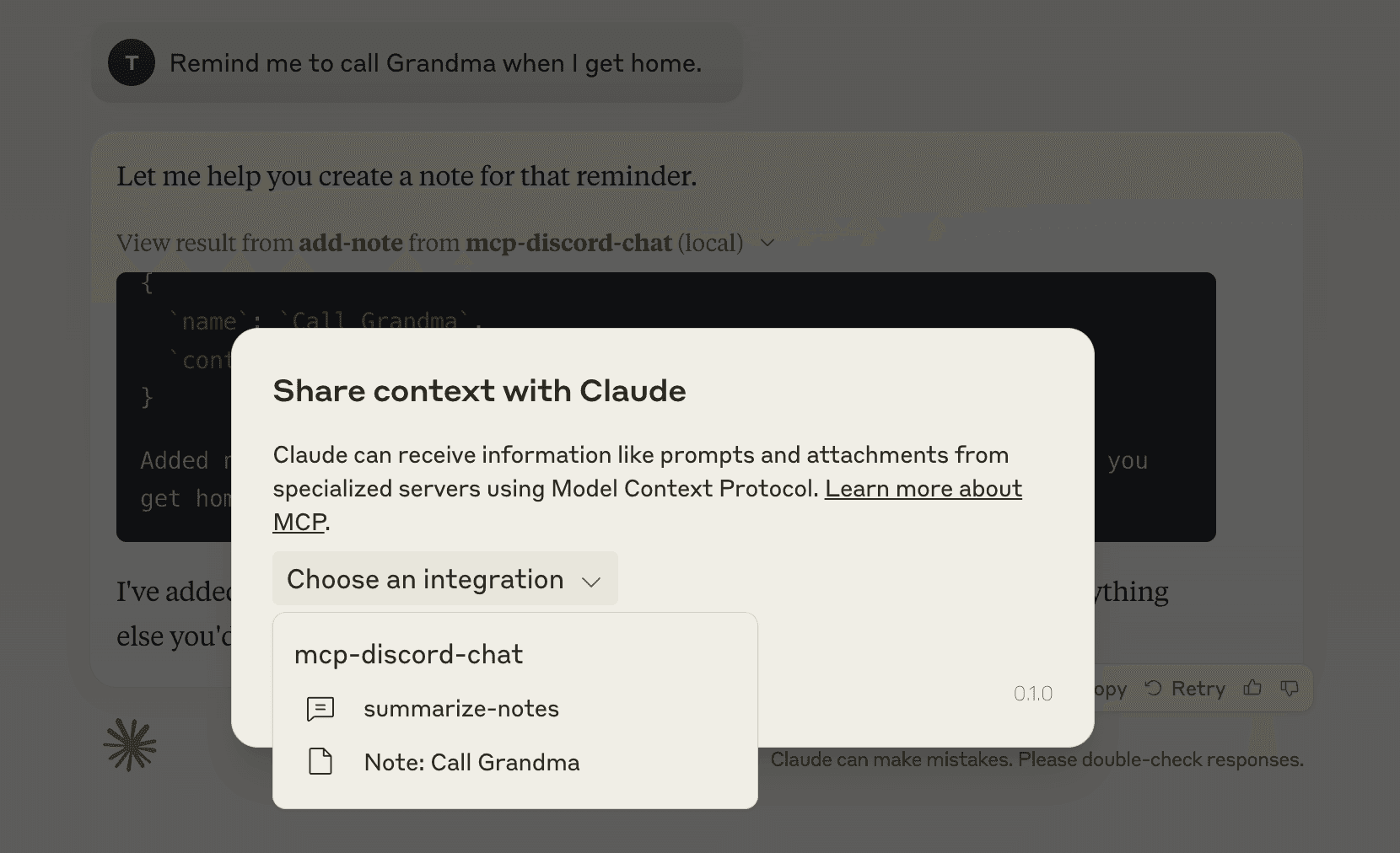 Claude.app showing the Share context with Claude dialog with the summarize_notes integration selected