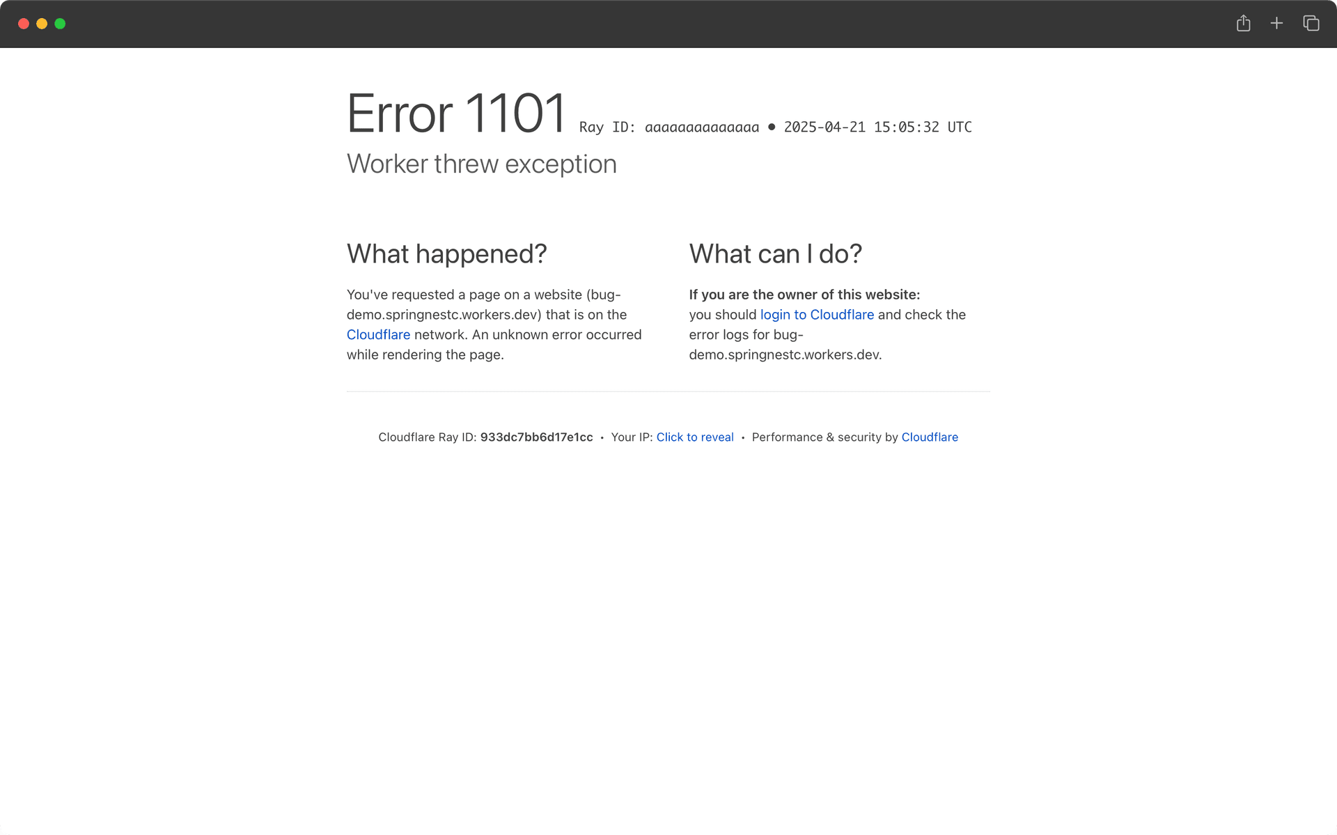 Cloudflare Worker error page displaying TypeError exception