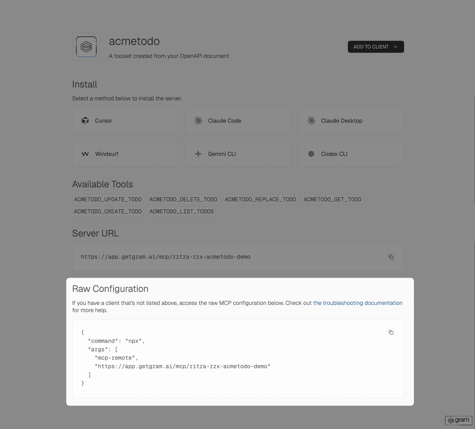 Screenshot showing the raw configuration for the Acme Todo toolset