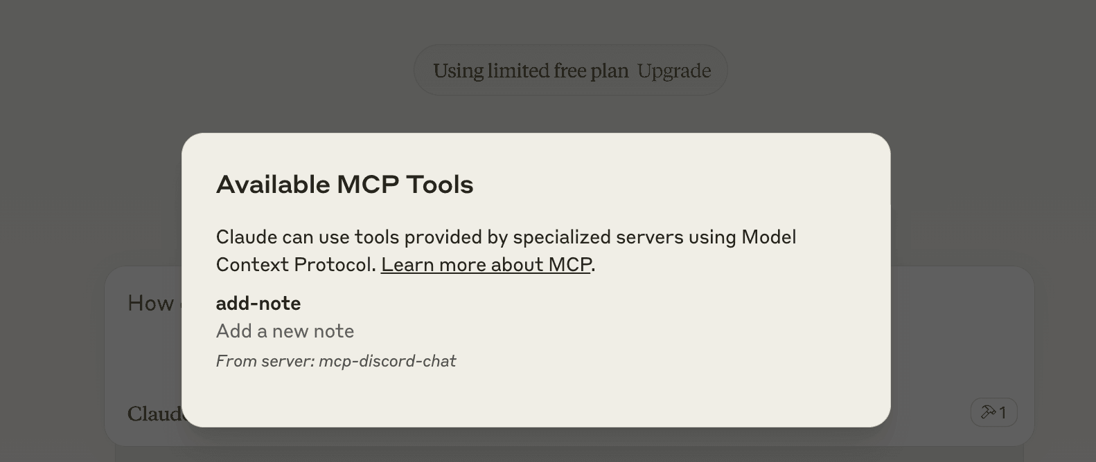Claude.app showing the Available MCP Tools dialog with Discord MCP Server highlighted
