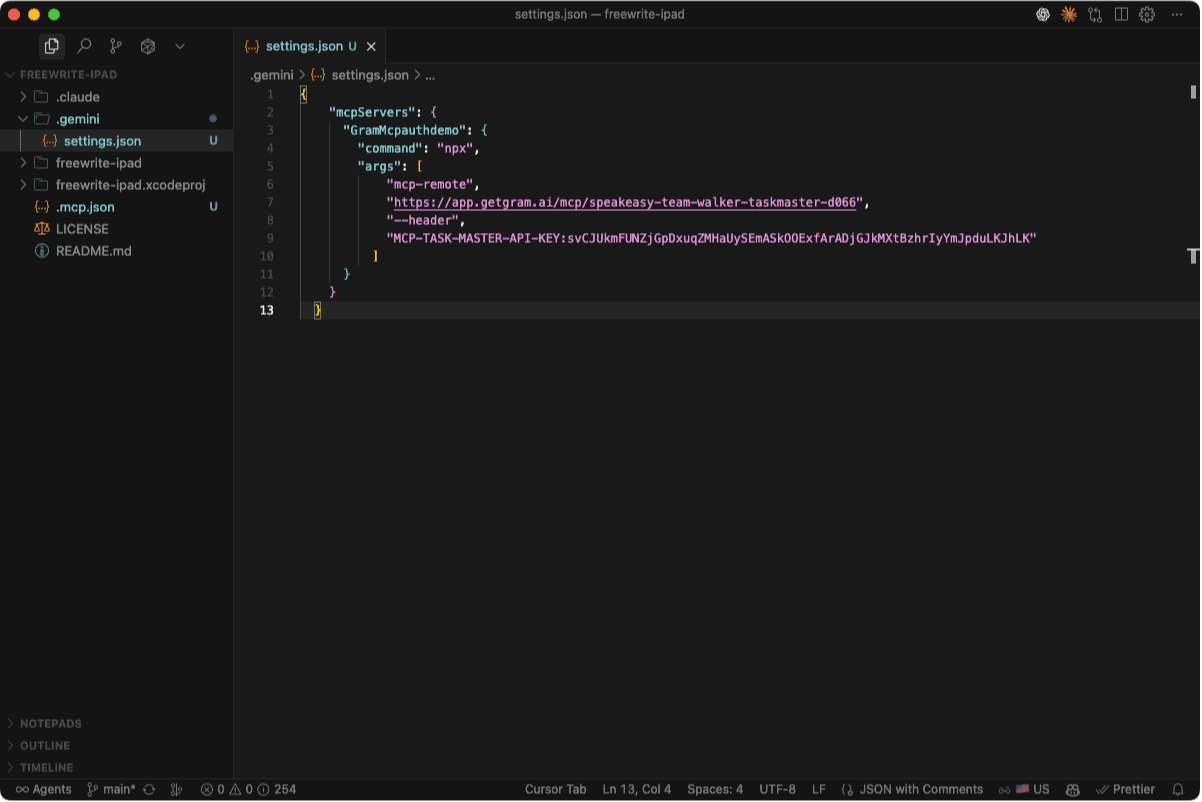 Screenshot showing the Gemini CLI settings.json configuration file