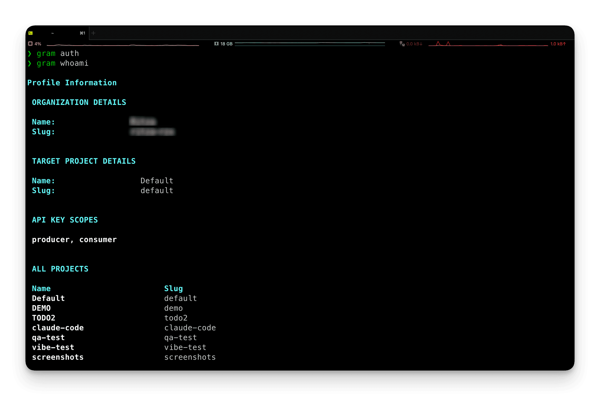 Screenshot showing the output of the gram auth command and gram whoami commands