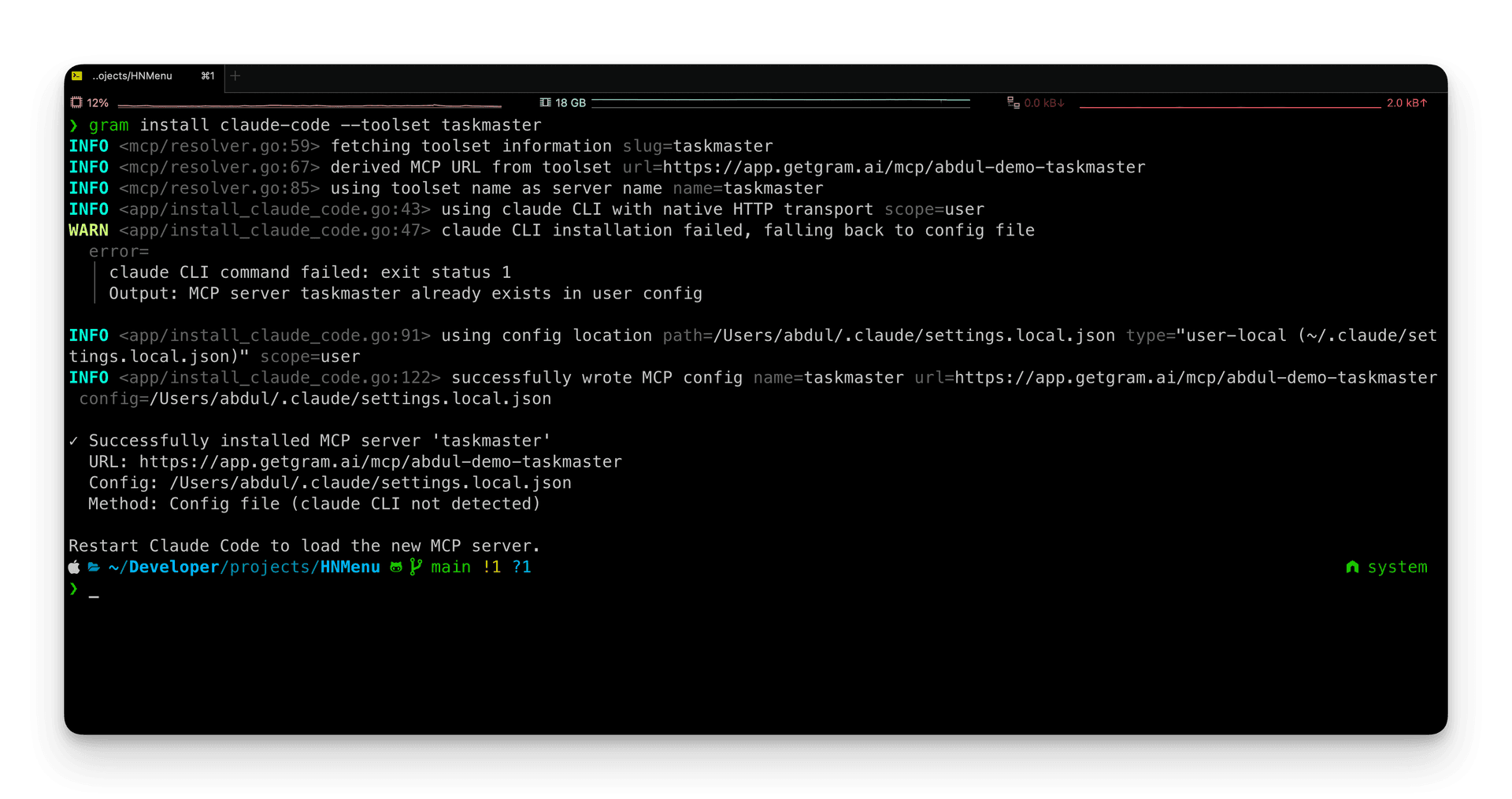 Screenshot showing the output of the gram install claude-code command