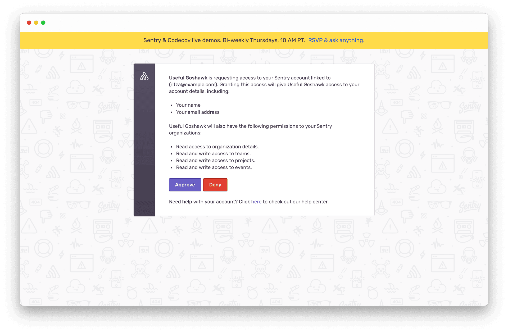 A screenshot shows the Sentry OAuth authorization dialog for Useful Goshawk, a Sentry API application, requesting access to a Sentry account linked to ritza@example.com. The dialog lists permissions, including reading and writing access to organization details, teams, projects, and events. Two buttons labelled Approve and Deny are at the bottom. The interface has a clean, modern design with a purple sidebar and a light background featuring faint Sentry-themed icons.