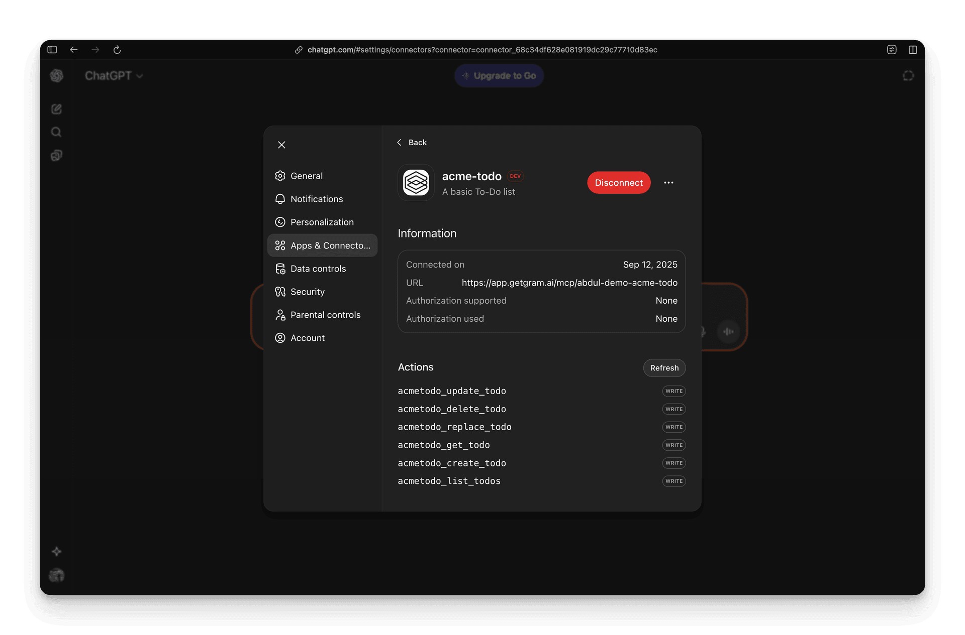 ChatGPT MCP connectors interface showing registered servers and connector management