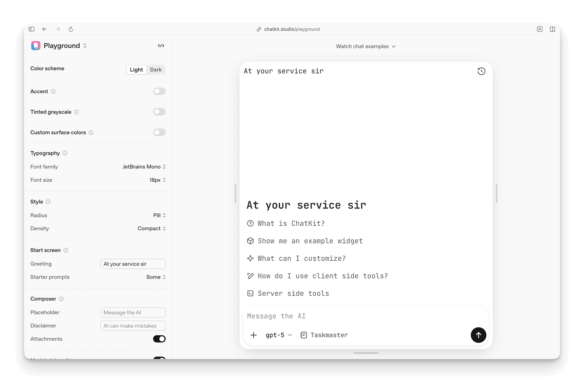 ChatKit Studio interface showing configuration options and live preview panel