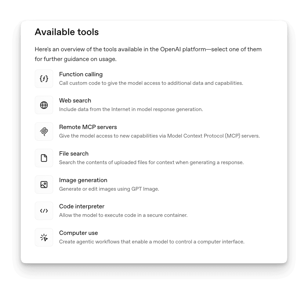 OpenAI built-in search and fetch tools interface showing web search capabilities