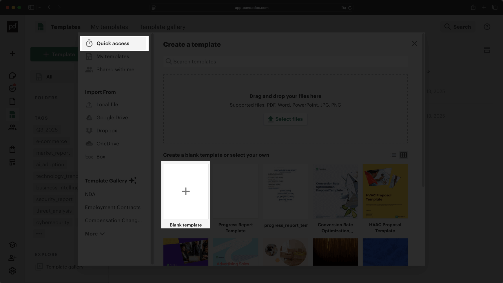 Screenshot of the PandaDoc dashboard highlighting the blank template option