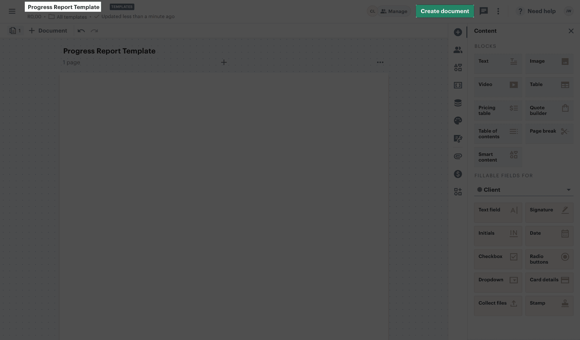 Screenshot of the PandaDoc dashboard highlighting the template name and "Create document" button