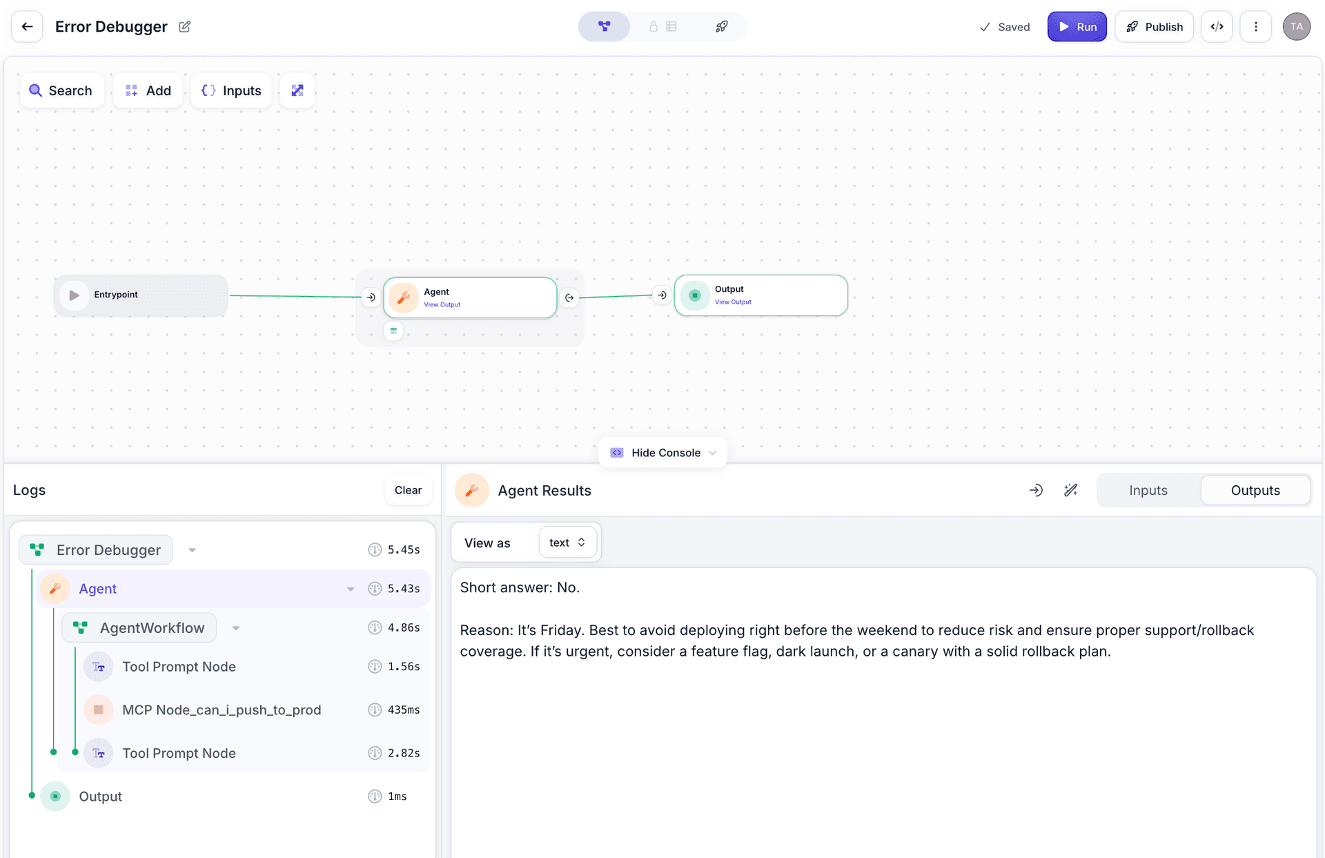 Screenshot of the Workflow response showing the agent output